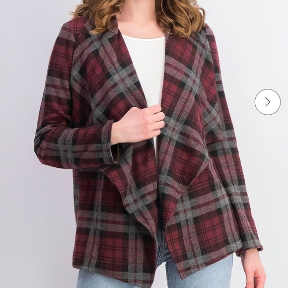 BB Dakota Women Checkered Cardigan open front Burgundy Combo plaid jacket SZ S - Picture 1 of 9